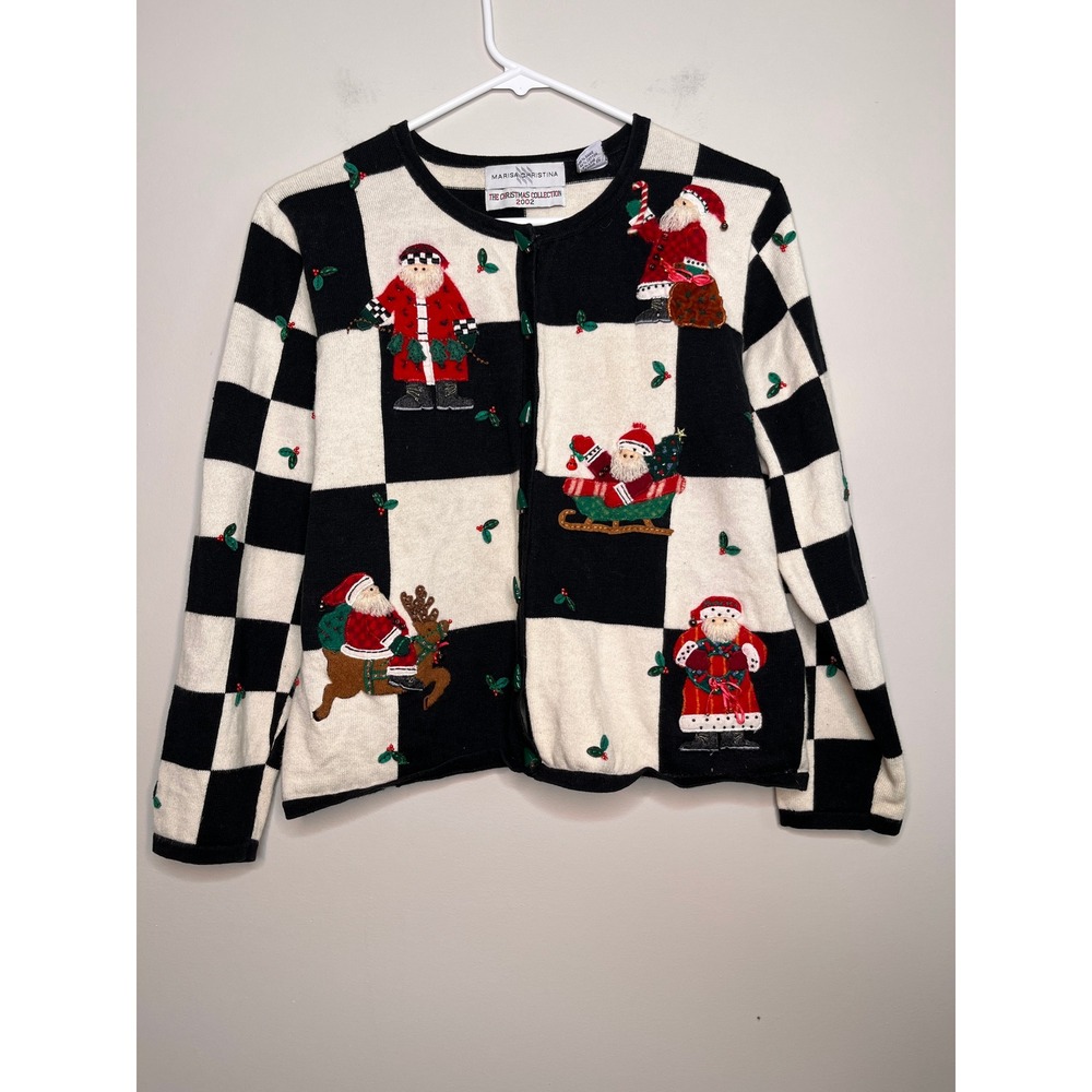 2000s Marisa Christina Christmas Santa Checkered Bells Sleigh Novelty Cardigan M